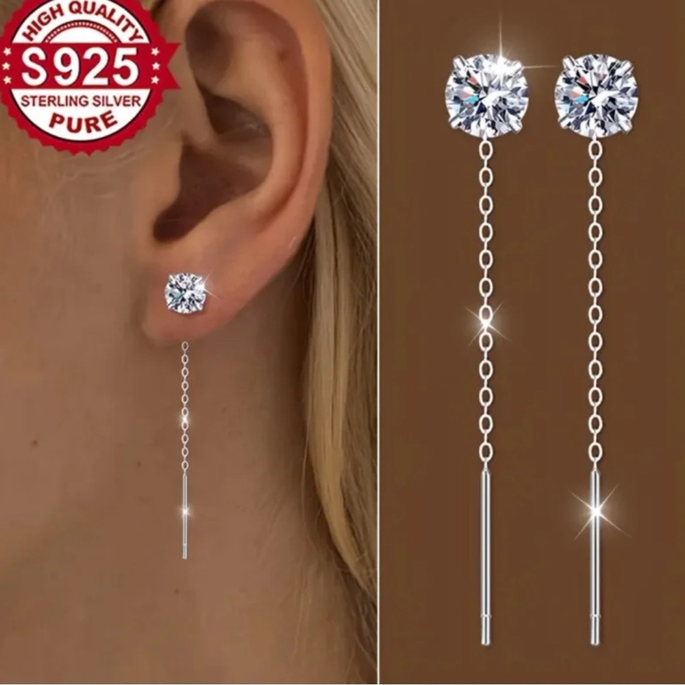 Iced Bling CZ S925 Sterling Silver Water drop threader earrings. New. - Picture 3 of 11